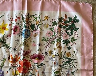 1960s Gucci V. Accornero Silk Scarf Floral Print Pink Boarder	34x34in	
