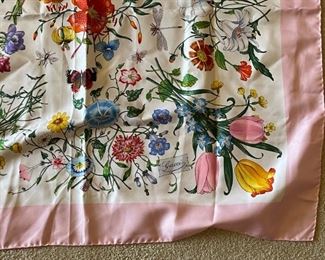 1960s Gucci V. Accornero Silk Scarf Floral Print Pink Boarder	34x34in	
