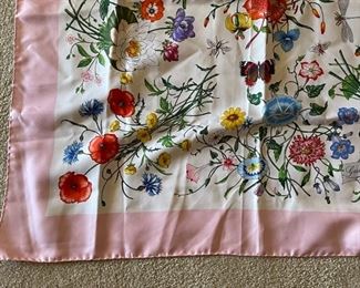1960s Gucci V. Accornero Silk Scarf Floral Print Pink Boarder	34x34in	
