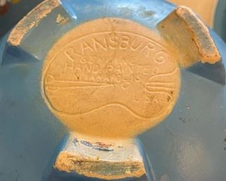 COOKIE JAR RANSBURG HANDPAINTED BLUE FLOWERED&nbsp; STONEWARE&nbsp; BALL CROCK&nbsp; NO LID	9in diameter 8in height	
