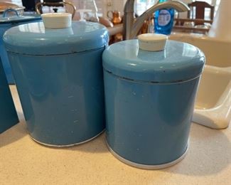 Vintage Tin Nesting Canister Lot Ransburg Metal 4 Pc Rare Blue Mid Century		
