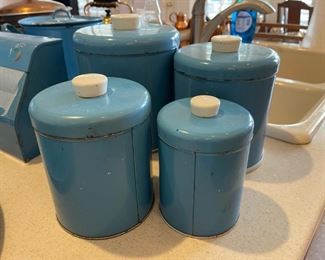 Vintage Tin Nesting Canister Lot Ransburg Metal 4 Pc Rare Blue Mid Century		
