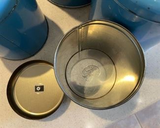 Vintage Tin Nesting Canister Lot Ransburg Metal 4 Pc Rare Blue Mid Century		
