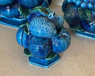 Vintage Inarco ,Mood Indigo,  Blue Majolica Fruit jars/Cookie Jars Candy Dish with Lid. Set Of 3	Largest jar 9 inches tall 8.5 inches diameter smallest jar 4.5 inches tall 5 inches diameter	
