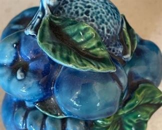 Vintage Inarco ,Mood Indigo,  Blue Majolica Fruit jars/Cookie Jars Candy Dish with Lid. Set Of 3	Largest jar 9 inches tall 8.5 inches diameter smallest jar 4.5 inches tall 5 inches diameter	
