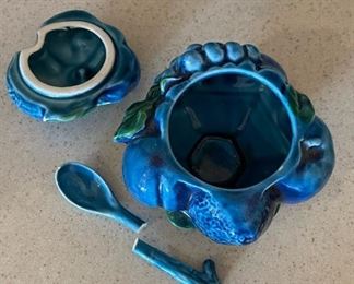 Vintage Inarco ,Mood Indigo,  Blue Majolica Fruit jars/Cookie Jars Candy Dish with Lid. Set Of 3	Largest jar 9 inches tall 8.5 inches diameter smallest jar 4.5 inches tall 5 inches diameter	
