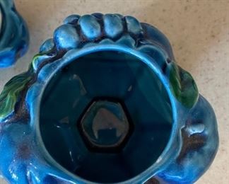 Vintage Inarco ,Mood Indigo,  Blue Majolica Fruit jars/Cookie Jars Candy Dish with Lid. Set Of 3	Largest jar 9 inches tall 8.5 inches diameter smallest jar 4.5 inches tall 5 inches diameter	
