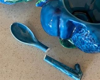 Vintage Inarco ,Mood Indigo,  Blue Majolica Fruit jars/Cookie Jars Candy Dish with Lid. Set Of 3	Largest jar 9 inches tall 8.5 inches diameter smallest jar 4.5 inches tall 5 inches diameter	
