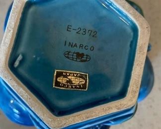 Vintage Inarco ,Mood Indigo,  Blue Majolica Fruit jars/Cookie Jars Candy Dish with Lid. Set Of 3	Largest jar 9 inches tall 8.5 inches diameter smallest jar 4.5 inches tall 5 inches diameter	
