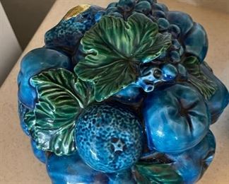 Vintage Inarco ,Mood Indigo,  Blue Majolica Fruit jars/Cookie Jars Candy Dish with Lid. Set Of 3	Largest jar 9 inches tall 8.5 inches diameter smallest jar 4.5 inches tall 5 inches diameter	
