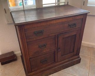 old wooden antique 3 drawer wooden chest	28.5 inches tall 30 inches wide 16 inches deep	
