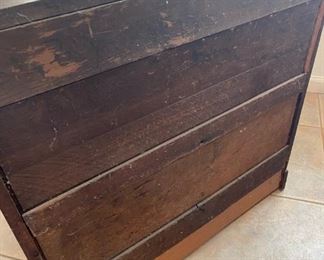 old wooden antique 3 drawer wooden chest	28.5 inches tall 30 inches wide 16 inches deep	
