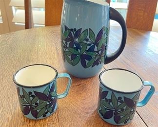 Vintage FINEL Arabia Finland Blue Leaf Berry~Pitcher Jug~2 Cups~Lip Chip	Pitcher measurements 8“ x 6.5“ coffee mugs 3“ x 4“	
