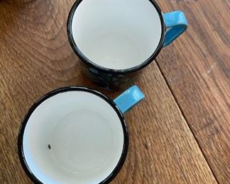 Vintage FINEL Arabia Finland Blue Leaf Berry~Pitcher Jug~2 Cups~Lip Chip	Pitcher measurements 8“ x 6.5“ coffee mugs 3“ x 4“	
