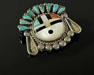 Zuni Sun Face Brooch Pin Silver Turquoise Coral Jet MOP Signed RTI Zuni Inlay Sunface  Native American 	28x30mm	
