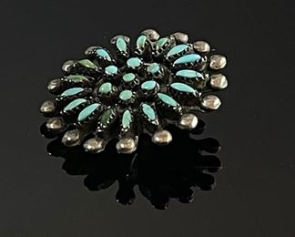 1in Vintage Zuni Silver & Turquoise Petit Point Brooch Pin REX NAtive American 	26mm Diameter 	
