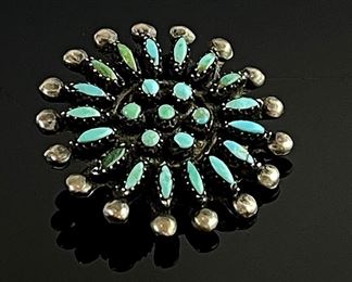 1in Vintage Zuni Silver & Turquoise Petit Point Brooch Pin REX NAtive American 	26mm Diameter 	

