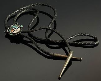 Zuni Sun Face Bolo Tie Silver Turquoise Coral Jet MOP Inlay Sunface  Native American 	Surface: 31x28mm	
