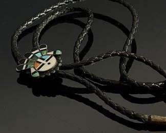 Zuni Sun Face Bolo Tie Silver Turquoise Coral Jet MOP Inlay Sunface  Native American 	Surface: 31x28mm	
