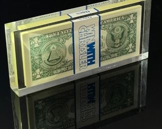Win With Chrysler 1979 Promotion Dollar Bills Lucite Paperweight $100.00 Plymouth 	3.25x7.25x1in 	
