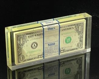 Win With Chrysler 1979 Promotion Dollar Bills Lucite Paperweight $100.00 Plymouth 	3.25x7.25x1in 	
