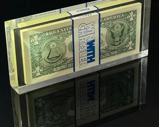 Win With Chrysler 1979 Promotion Dollar Bills Lucite Paperweight $100.00 Plymouth 	3.25x7.25x1in 	
