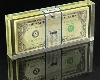 Win With Chrysler 1979 Promotion Dollar Bills Lucite Paperweight $100.00 Plymouth 	3.25x7.25x1in 	
