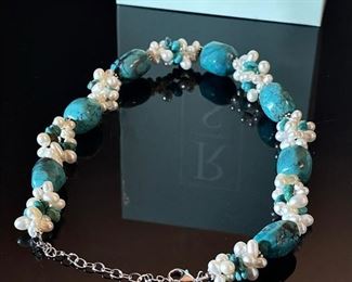 Ross Simons Turquoise Nugget & Pearl Cluster Necklace	19in Long<BR>Turquoise: 22x16mm	
