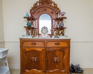 Antique Victorian Walnut Server w/Marble Top & Ornate Mirror w/ Display Shelves