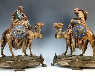 Pair Polychrome Metal Camel Clocks with Riders - Lot 115