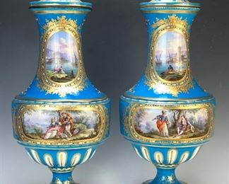 Pair of Large Sevres Urns with Hand Painted Scenes - Lot 117