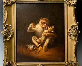 "Monkey Feeding a Cat" Oil on Canvas C.1800 - Lot 82a