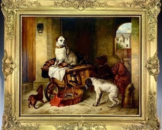 Antique Large Dogs in Courtyard Painting - Lot 126
