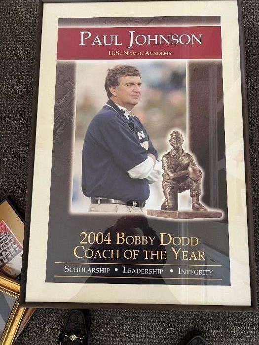 Framed Picture of Coach Johnson who won the 2004 Bobby Dodd Coach of the year award. Coach Johnsons was head coach of the naval academy at that time.