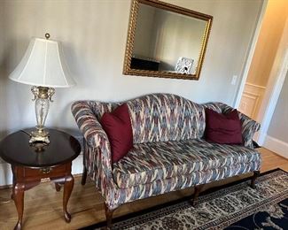 Chevron fabric camel back sofa