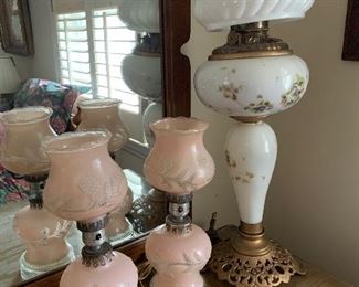 Pair of Pink Satin Glass Lamps/Old Electrified Oil Lamp