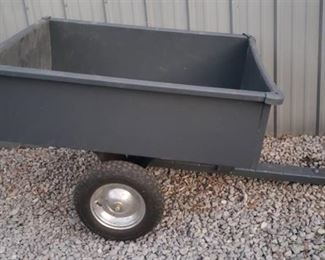 Gray Metal Pull Behind Dumping Yard Cart w/ Removable End Gate ~ Wheels are holding air ~ Bed: 44 x 34 x 12 in. tall