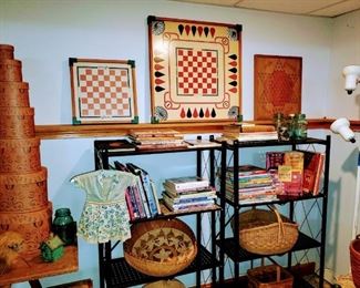 Crafting Books, art books, gaming boards, baskets, and quilts. 
