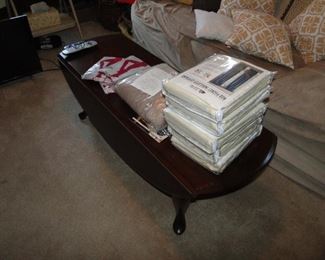 Coffee Table, Brand New Black Out Curtains from The Vermont Store, Brand New Silkies Stockings