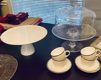 Lenox Cups and Saucers, Glass Pedestal Domed Cake Plate
