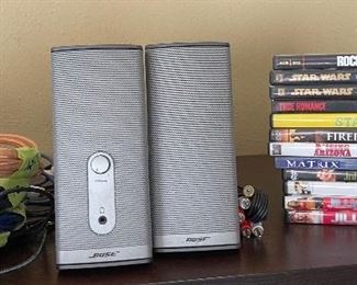 Bose Small Stereo Speakers, HDMI and other Cables, DVDs