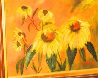 Two matching giant sun flower paintings. Original signed