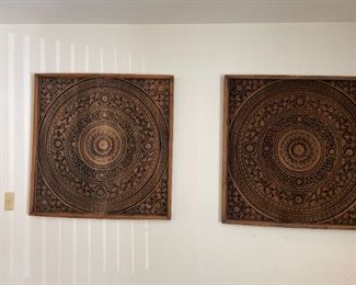 Matched pair of Burmese Teakwood carved wood ceiling tiles 39"x39"