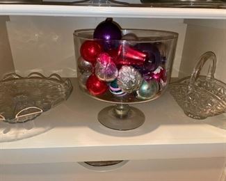Large Glass Compote Dish w/Vintage Ornaments
