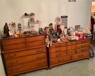 Vintage Pecan Bedroom Set: Triple Dresser, Tallboy Dresser, Night Stands, & Headboard!
