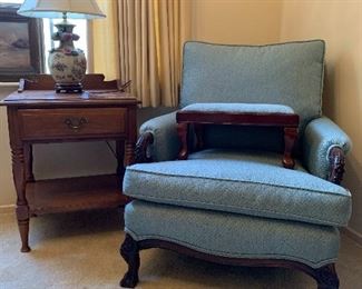 Vintage upholstered chair and Bombay Company footstool.