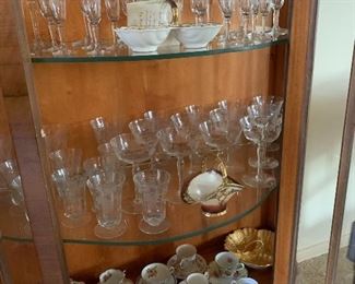 Antique etched crystal and fine bone china tea cups