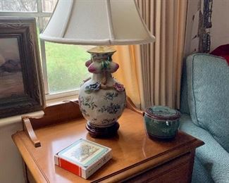 Maple nightstand/ side table with Chinese lamp