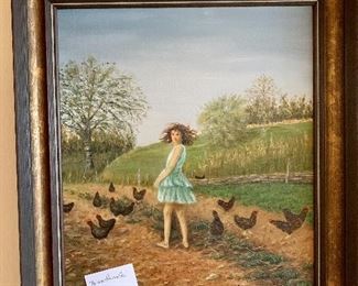 Original painting by a family artist from memory "Tennessee girl with roosters"