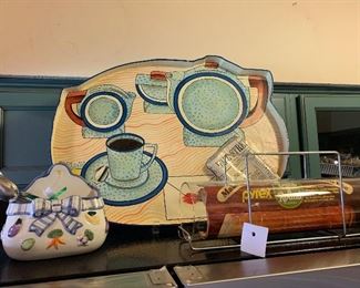A Habitat International of Ca. breakfast tray  and  Pyrex bread maker 